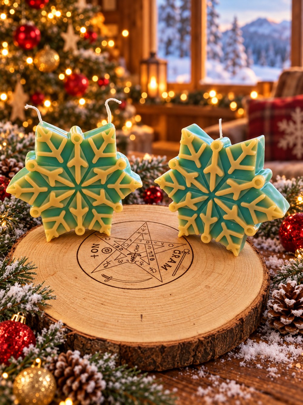 Deux bougies Flocon Enchanté d'Inès sur une bûche gravée, décor de Noël
